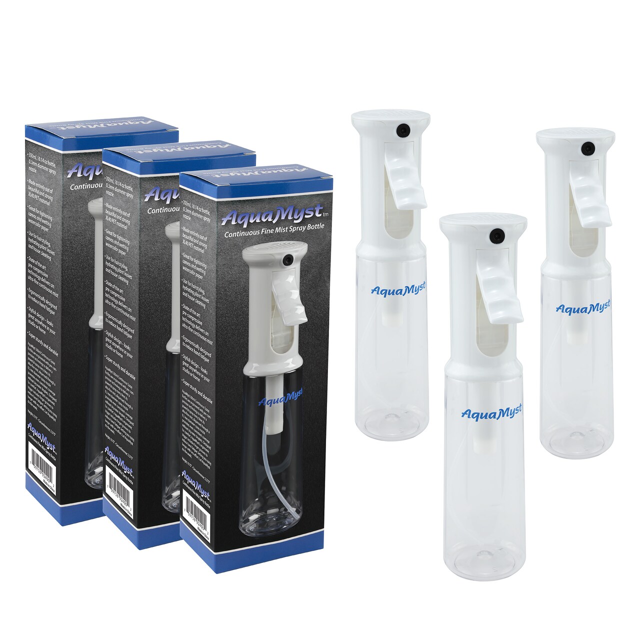 Creative Mark AquaMyst 300 ml Continuous Mist Spray Bottle - 3-Pack - Ergonomic Plant Mister - Water Mister Spray Bottle w/ Pre-Compression Technology, Drip-Free 0.3 mm Nozzle, Clear 10.14 oz Bottles